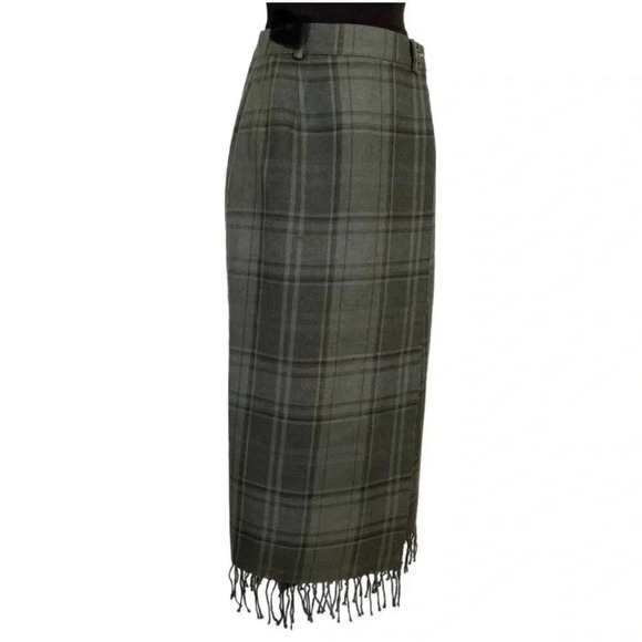 Ralph Lauren Women’s Vintage 80s 90s Olive Plaid Wool Fringe Preppy Skirt 10 - Picture 9 of 16